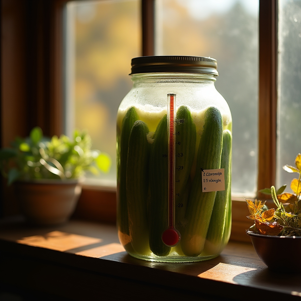 Termometru lângă borcane de fermentare acasă